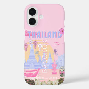 Bangkok Thailand Pastel Pink Blue Travel Poster iPhone 16 Case