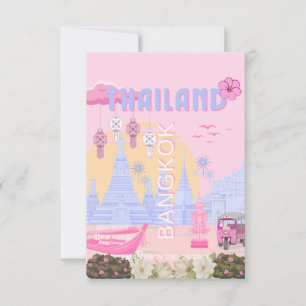 Bangkok Thailand Pastel Pink Blue Travel Poster Thank You Card