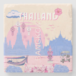 Bangkok Thailand Pastel Travel Blue Pink Art Stone Coaster