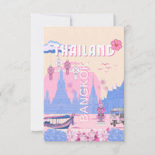 Bangkok Thailand Pastel Travel Blue Pink Art Thank You Card