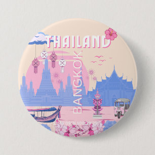 Bangkok Thailand Pastel Travel Blue Pink Poster 7.5 Cm Round Badge