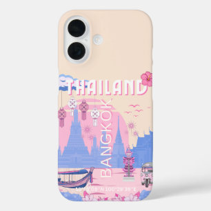 Bangkok Thailand Pastel Travel Blue Pink Poster iPhone 16 Case