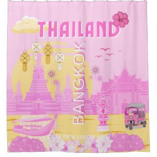 Bangkok Thailand Travel Poster Pink Retro Art Shower Curtain