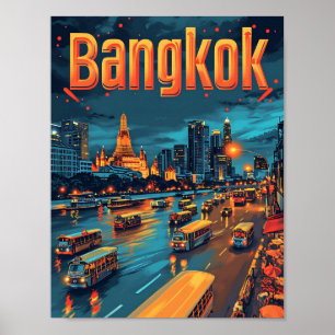 Bangkok Thailand Vintage Art Travel Illustration Poster