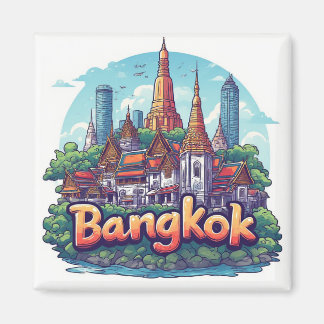 Bangkok Travel Illustration With Golden Temples Magnet