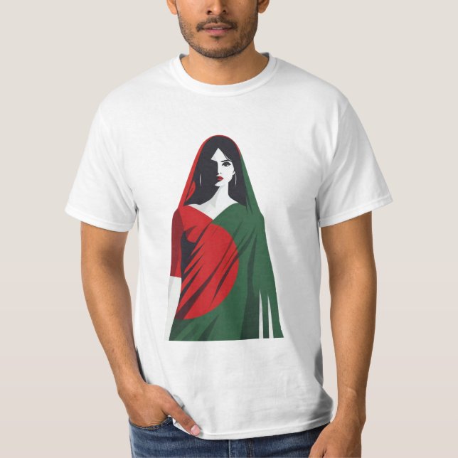 Bangladeshi Woman in Saree – Flag Color T-shirt (Front)