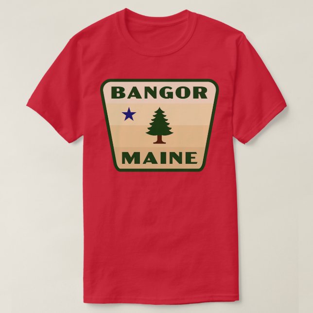 Bangor Maine Retro Pine Tree Badge Tan T-Shirt (Design Front)