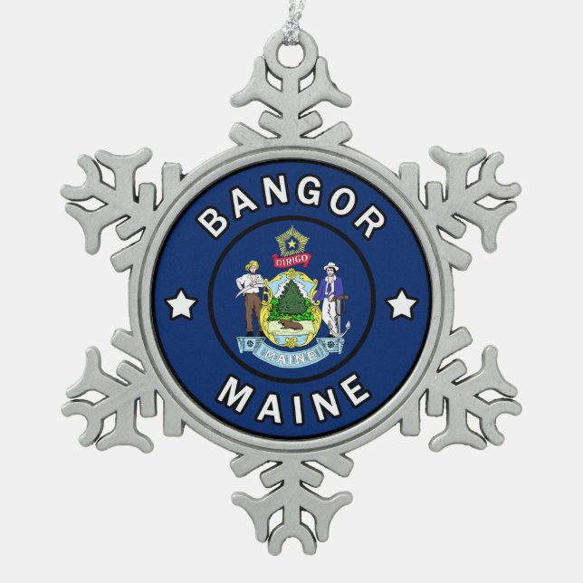 Bangor Maine Snowflake Pewter Christmas Ornament (Front)