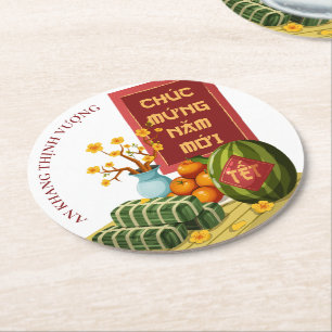 Banh Chung Watermelon & Hoa Mai Vietnamese Tet Round Paper Coaster