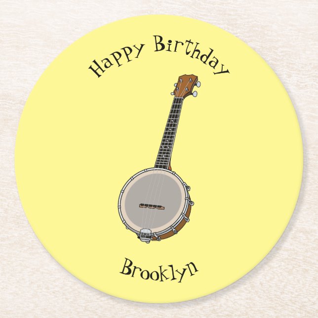 Banjo cartoon illustration round paper coaster (Front)