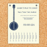 Banjo Lessons Music Teacher Tear Off Strips Flyer<br><div class="desc">Promote your banjo lessons or other music instruction business with this flyer featuring an illustration of a banjo in navy blue with your business details in matching navy blue lettering against a soft cream coloured background. Tear off strips at the bottom make this perfect for hanging up on community bulletin...</div>