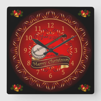 Banjo ~ Merry Christmas ~ Maroon & Black ~ Square Wall Clock
