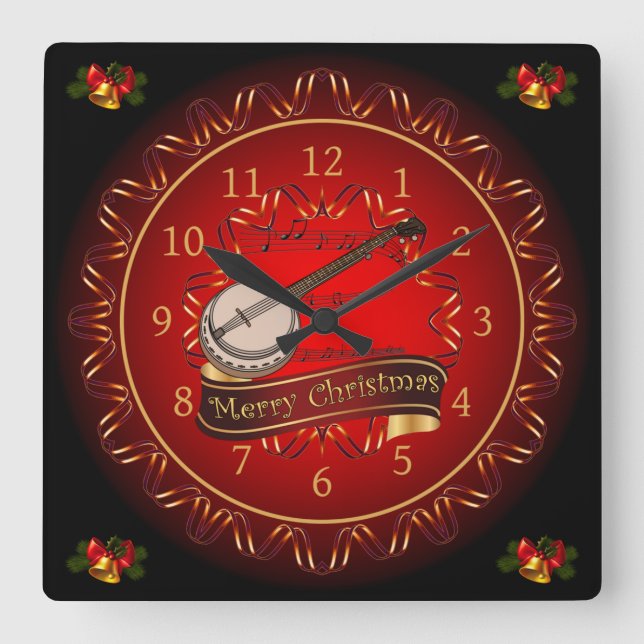 Banjo ~ Merry Christmas ~ Maroon & Black ~  Square Wall Clock (Front)