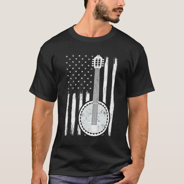 Banjo Music American Flag Banjo Guitar T-Shirt (Front)