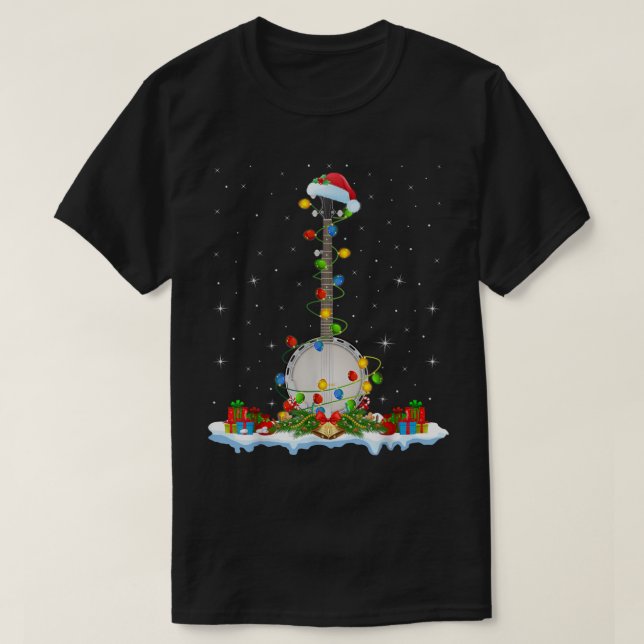 Banjo Music Lover Xmas Lighting Santa Hat Banjo Ch T-Shirt (Design Front)
