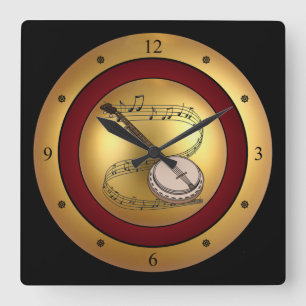 Banjo~Musical Scroll~Gold/Maroon/Black Background Square Wall Clock
