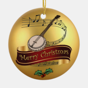 Banjo ~ Musical Scroll ~ Gold Merry Christmas ~ Ceramic Tree Decoration