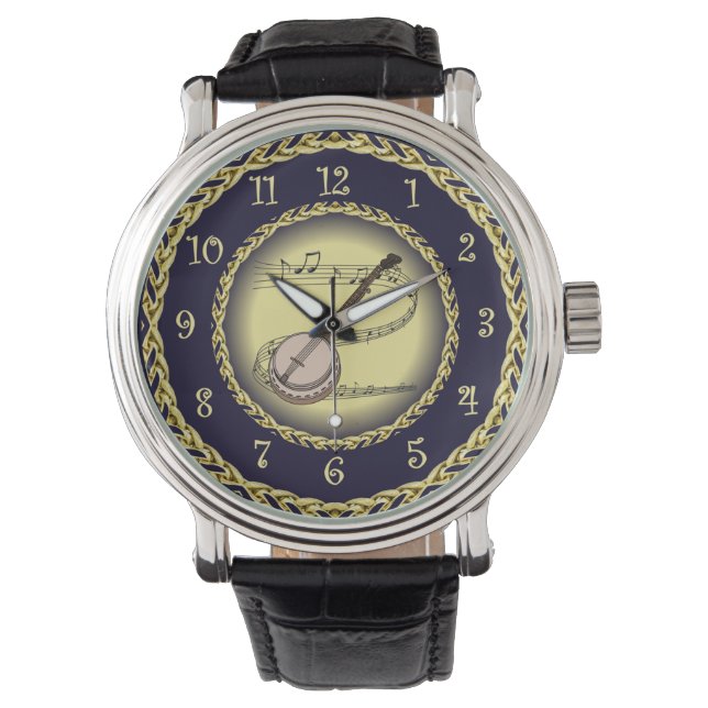 Banjo ~ Musical Scroll ~ Gold/Navy Blue ~  Watch (Front)