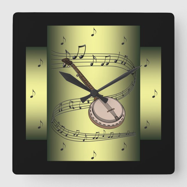 Banjo ~ Musical Swirl ~ Notes ~ * ~ Square Wall Clock (Front)