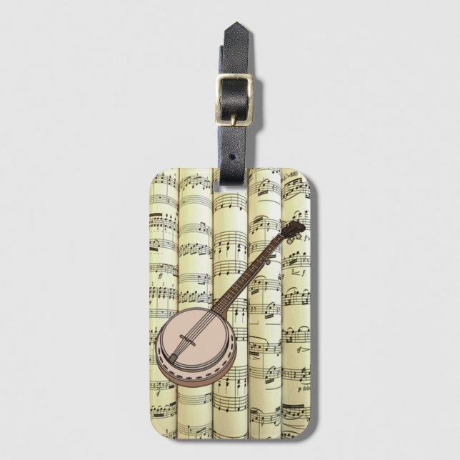 Banjo On Rolled Sheet Music ~  Luggage Tag (Front Vertical)