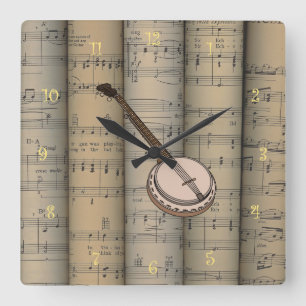 Banjo ~ Rolled Sheet Music Background ~ Musical Square Wall Clock