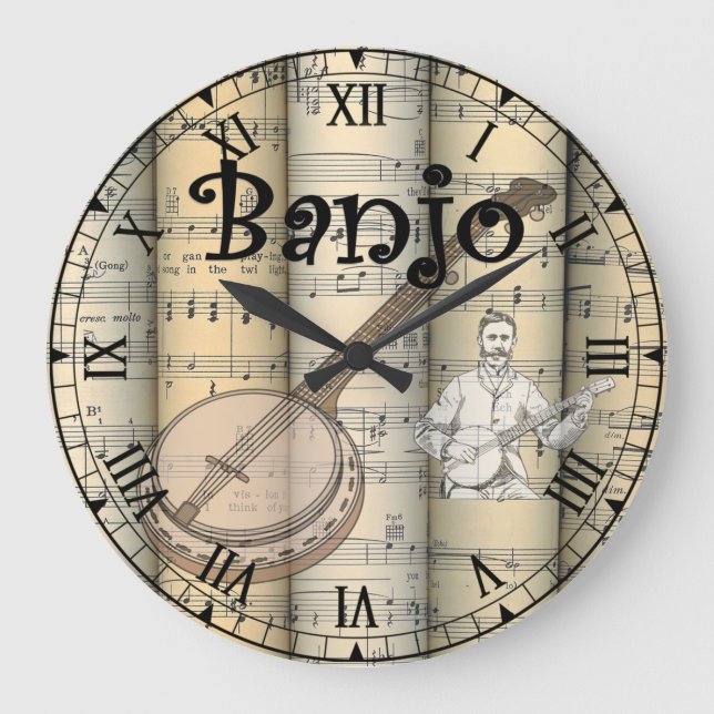 Banjo ~ Rolled Vintage Sheet Music ~ Unique ~ Large Clock (Front)