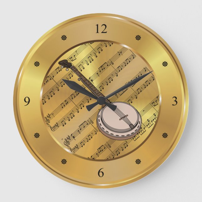 Banjo ~ Sheet Music ~ Gold Background ~ Unique Large Clock (Front)