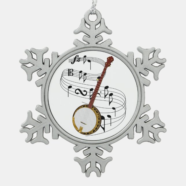 Banjo Snowflake Pewter Christmas Ornament (Front)