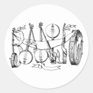 banjo spelled with banjos illustration art  classic round sticker