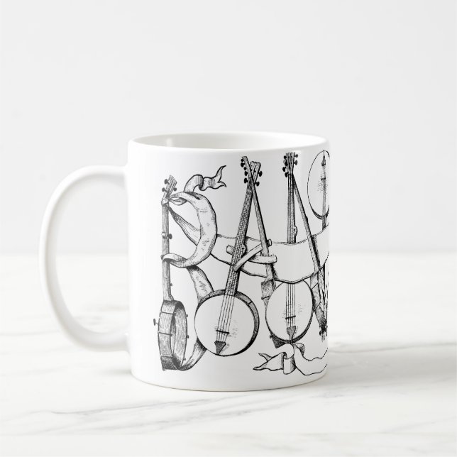 banjo spelled with banjos illustration art  coffee mug (Left)