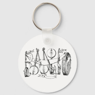 banjo spelled with banjos illustration art  key ring