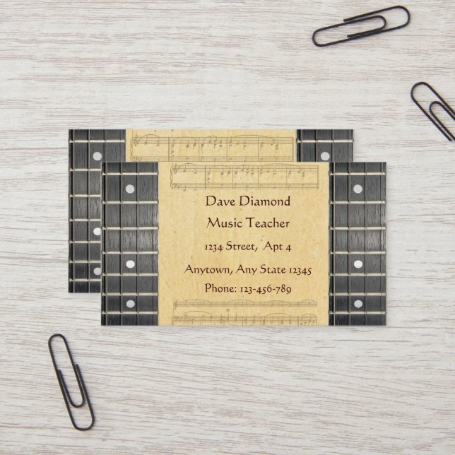 Banjo Strings Fretboard Sheet Music Business Cards (Front/Back In Situ)