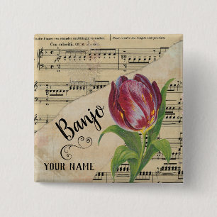 Banjo Tulip Vintage Sheet Music Customized 15 Cm Square Badge