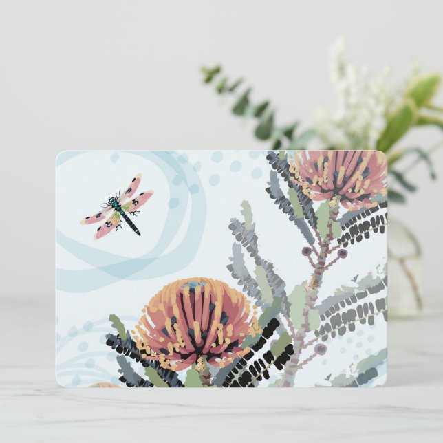 Banksia Flower Dragonfly Art Invitation (Standing Front)