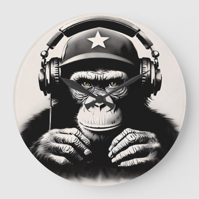 Banksy DJ Monkey Gorilla Chimp Art Print Large Clock (Front)