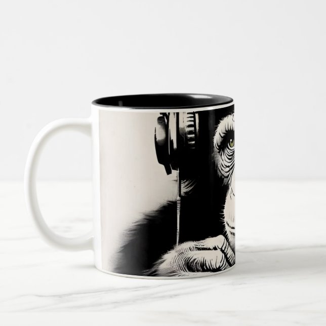 Banksy DJ Monkey Gorilla Chimp Art Print Two-Tone Coffee Mug (Left)