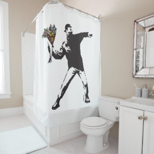 Banksy Love is in the air Flower throwing halftone Shower Curtain