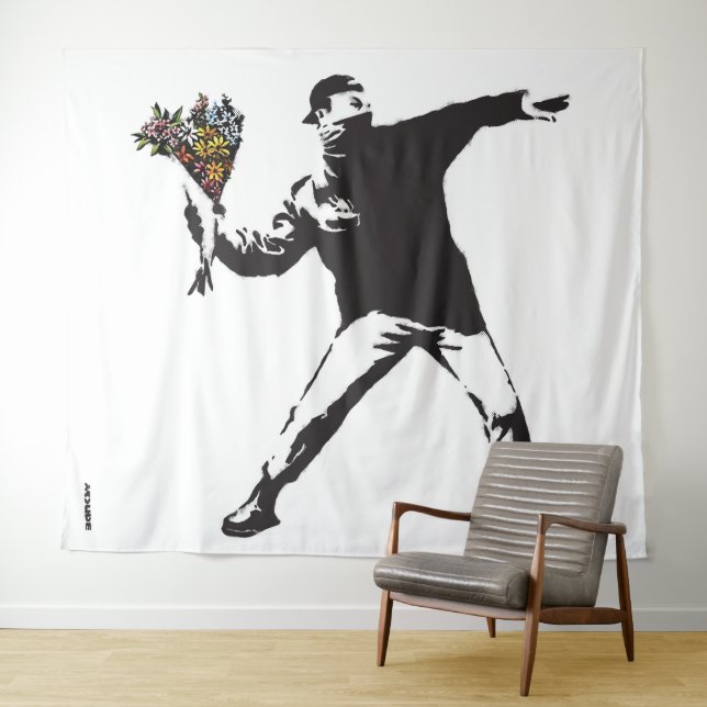 Banksy Love is in the air Flower throwing halftone Tapestry (In Situ (Horizontal))