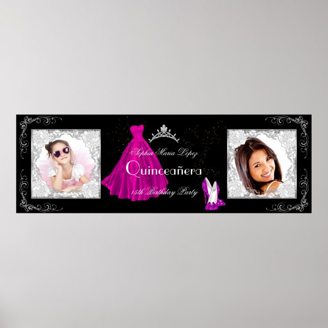 Banner Add Photos Quinceanera Party Pink Black Poster (Front)