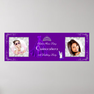 Banner Add Photos Quinceanera Party Purple Silver Poster