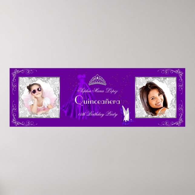 Banner Add Photos Quinceanera Party Purple Silver Poster (Front)