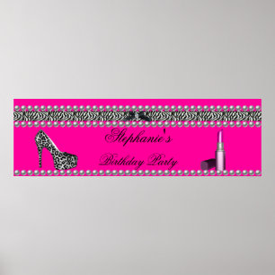 Banner Birthday Hot Pink Lipstick Zebra Leopard Poster