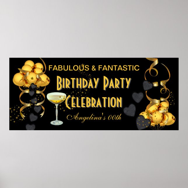 Banner Birthday Party Celebration Black Gold Poster (Front)