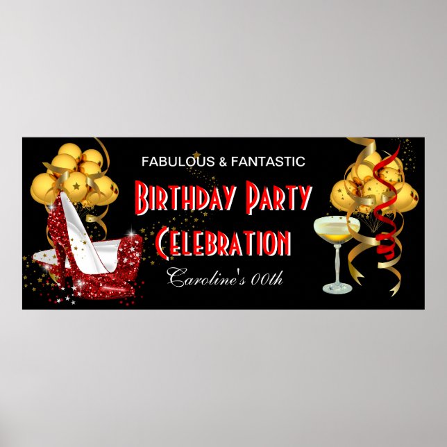 Banner Birthday Party Celebration Red Gold Poster (Front)