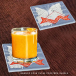 Banner Dove Glass Coaster<br><div class="desc">Cast in,  glowing,  star rays,  a Dove,  with wings uplifted,  carries,  a bright-red,  banner,  in its beak,  inscribed with,  words,  "Peace,  Love,  Joy"-highlighted,  in glittering,  stars.</div>