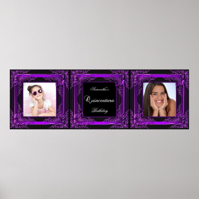 Banner Photo Quinceanera Party Purple Black Poster (Front)
