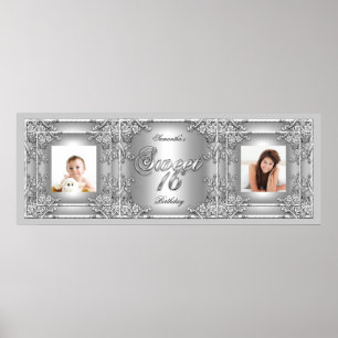 Banner Photo Sweet 16 Party Silver Floral Poster
