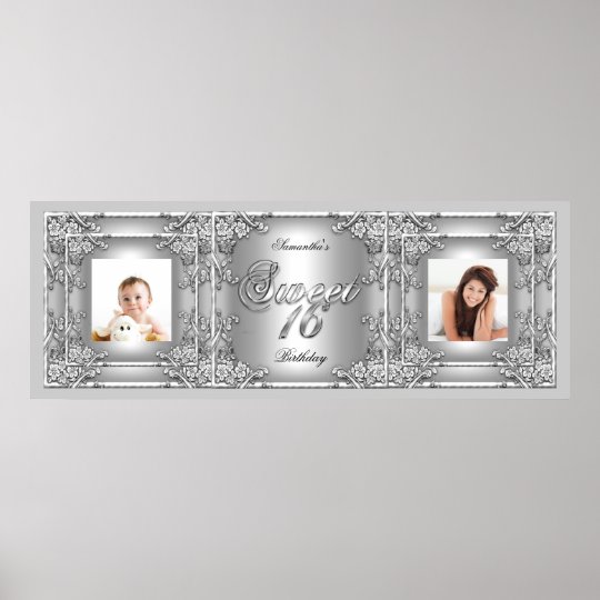 Banner Photo Sweet 16 Party Silver Floral Poster