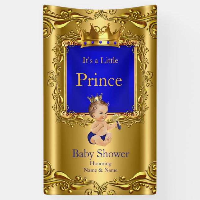 Banner Prince Baby Shower Blue Gold Brunette 2 (Vertical)