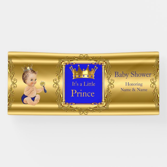 Banner Prince Baby Shower Blue Gold Brunette Baby (Horizontal)